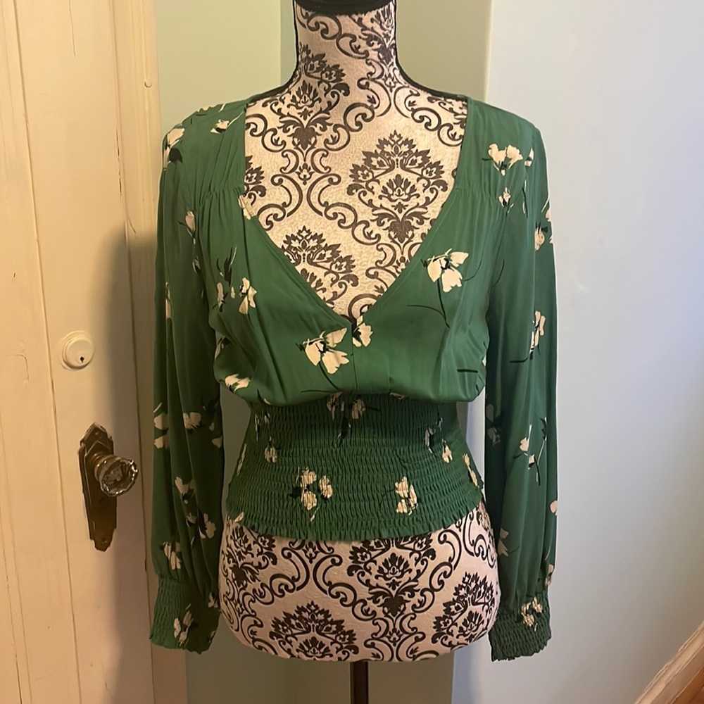 Green floral print v neck blouse